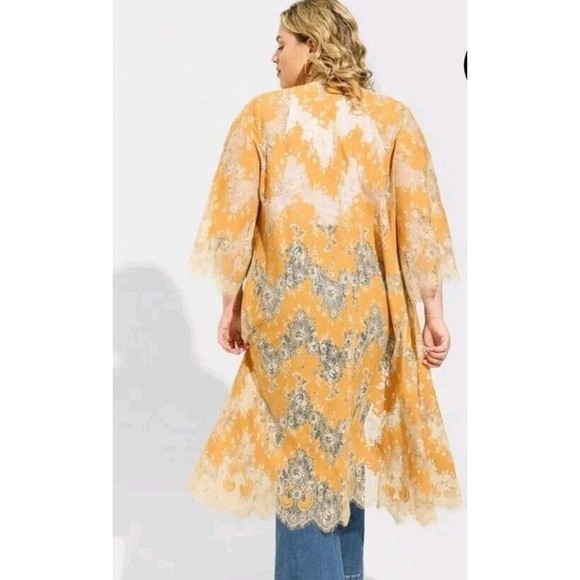 Torrid 2X 18/20 Plus Mustard Lace Fringe Maxi Kimono Inca Gold Long Sleeve NWT - Picture 1 of 10